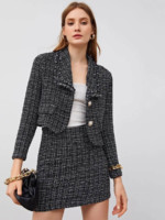 Ensemble jupe et blazer en tweed bleu Romwe