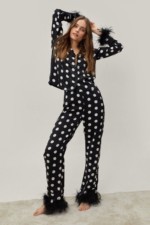 8 Ensemble de pyjama long noir à pois blancs à bordures en plumes